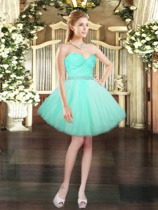 High Class Sleeveless Mini Length Beading and Lace Lace Up Prom Gown with Aqua Blue