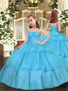Top Selling Aqua Blue Ball Gowns Organza Straps Sleeveless Beading and Ruffled Layers Floor Length Lace Up Little Girls 