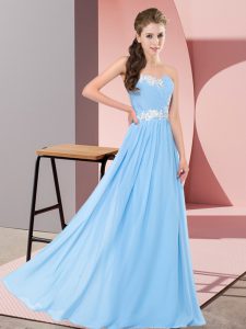 New Style Aqua Blue Empire Chiffon Sweetheart Sleeveless Appliques Floor Length Lace Up Dress for Prom