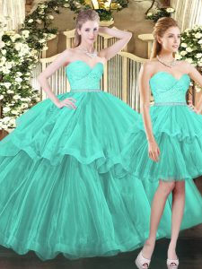Fashion Floor Length Ball Gowns Sleeveless Aqua Blue Quinceanera Gowns Lace Up