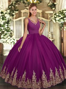 Purple Ball Gowns Beading and Appliques Ball Gown Prom Dress Backless Tulle Sleeveless Floor Length