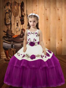Modern Fuchsia Lace Up Little Girl Pageant Dress Embroidery and Ruffled Layers Sleeveless Floor Length