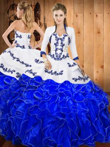 Fantastic Blue And White Satin and Organza Lace Up Sweet 16 Quinceanera Dress Sleeveless Floor Length Embroidery and Ruf