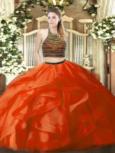 Floor Length Orange Red Sweet 16 Dress Halter Top Sleeveless Zipper