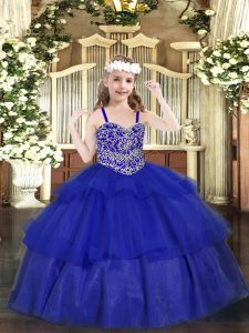 Exquisite Floor Length Lace Up Pageant Dress for Girls Royal Blue for Party and Quinceanera with Beading and Ruffled Lay