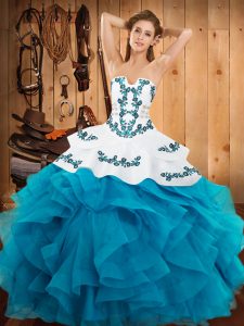 Traditional Strapless Sleeveless Satin and Organza Quinceanera Dresses Embroidery and Ruffles Lace Up