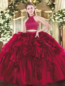 Fuchsia Sleeveless Floor Length Beading and Ruffles Backless Ball Gown Prom Dress
