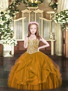 Brown Ball Gowns Tulle Spaghetti Straps Sleeveless Beading and Ruffles Floor Length Lace Up Little Girls Pageant Dress