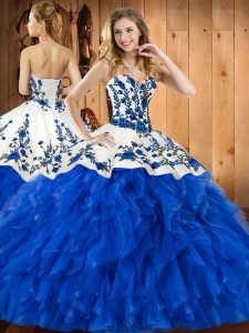 Sleeveless Tulle Floor Length Lace Up Quinceanera Dresses in Blue with Embroidery and Ruffles