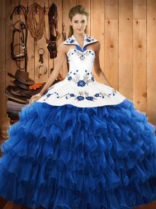Blue Lace Up Halter Top Embroidery and Ruffled Layers Sweet 16 Quinceanera Dress Organza Sleeveless