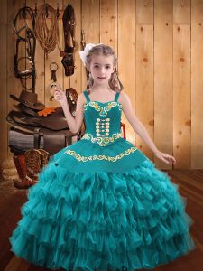 Embroidery and Ruffled Layers Little Girl Pageant Gowns Teal Lace Up Sleeveless Floor Length