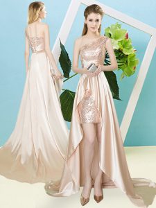 High Low Champagne Prom Evening Gown Elastic Woven Satin and Sequined Sleeveless Sequins