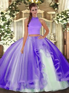 Lavender Two Pieces Halter Top Sleeveless Tulle Floor Length Backless Beading and Ruffles 15 Quinceanera Dress
