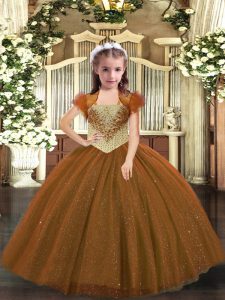 Gorgeous Brown Tulle Lace Up Straps Sleeveless Floor Length Little Girls Pageant Dress Beading