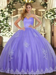 Lavender Tulle Lace Up Sweetheart Sleeveless Floor Length Sweet 16 Quinceanera Dress Beading and Appliques