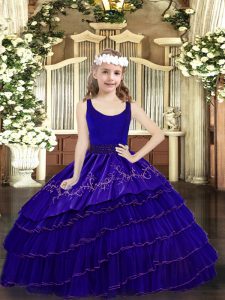 Beading and Embroidery and Ruffled Layers Kids Pageant Dress Blue Zipper Sleeveless Floor Length