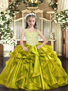 Organza Straps Sleeveless Lace Up Beading and Ruffles Little Girl Pageant Gowns in Yellow Green