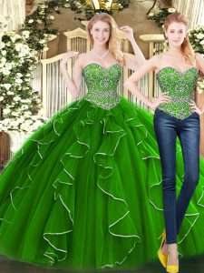 Glorious Green Lace Up Quinceanera Dress Beading and Ruffles Sleeveless Floor Length