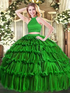 Sleeveless Floor Length Beading and Ruffled Layers Backless Quinceanera Dress with Green
