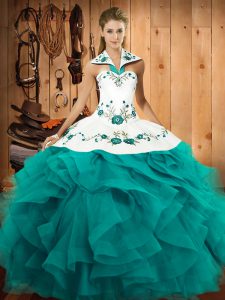Sexy Teal Ball Gowns Tulle Halter Top Sleeveless Embroidery and Ruffles Floor Length Lace Up Vestidos de Quinceanera