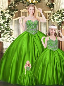Noble Green Ball Gowns Tulle Sweetheart Sleeveless Beading Floor Length Lace Up Sweet 16 Dresses