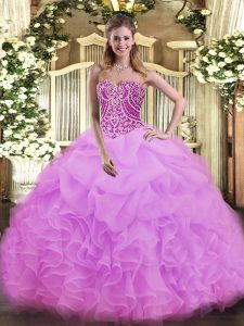 Lilac Ball Gowns Organza Sweetheart Sleeveless Beading and Ruffles Floor Length Lace Up Sweet 16 Dress