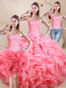 Lovely Watermelon Red Sweetheart Neckline Beading and Ruffles Sweet 16 Dresses Sleeveless Lace Up