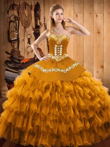 Luxurious Gold Lace Up Quinceanera Dress Embroidery and Ruffled Layers Sleeveless Floor Length