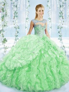 Apple Green Organza Lace Up Sweet 16 Quinceanera Dress Sleeveless Brush Train Beading and Ruching