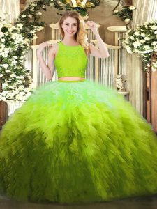Discount Lace and Ruffles Sweet 16 Dress Olive Green Zipper Sleeveless Floor Length