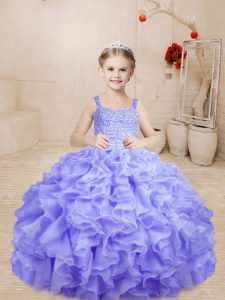 High End Floor Length Lace Up Little Girl Pageant Dress Lavender for Sweet 16 and Quinceanera with Beading and Ruffles