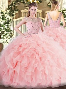 Stylish Tulle Bateau Sleeveless Zipper Beading and Ruffles Quinceanera Gown in Baby Pink