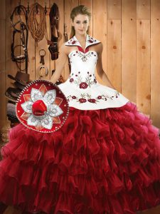 Ideal Wine Red Sleeveless Floor Length Embroidery and Ruffled Layers Lace Up 15 Quinceanera Dress