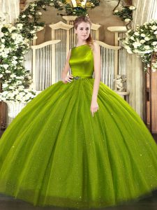 Dazzling Olive Green Tulle Clasp Handle Scoop Sleeveless Floor Length Quince Ball Gowns Belt