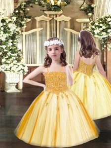 Beading Little Girl Pageant Dress Orange Lace Up Sleeveless Floor Length