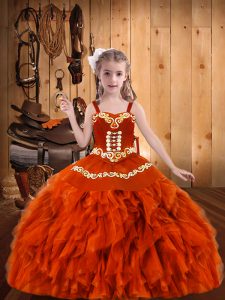 On Sale Orange Red Ball Gowns Organza Straps Sleeveless Embroidery and Ruffles Floor Length Lace Up Little Girl Pageant 