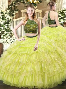 Unique Ball Gowns 15th Birthday Dress Yellow Green Halter Top Organza Sleeveless Floor Length Zipper
