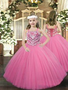 Fantastic Rose Pink Tulle Lace Up Pageant Gowns For Girls Sleeveless Floor Length Beading