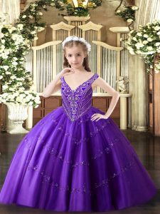 V-neck Sleeveless Kids Pageant Dress Floor Length Beading and Appliques Purple Tulle