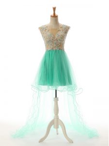 Modern Apple Green Sleeveless Appliques High Low Prom Dresses