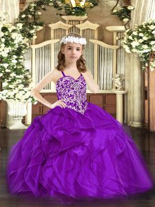 Purple Sleeveless Floor Length Beading and Ruffles Lace Up Little Girls Pageant Gowns