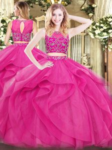 Hot Pink Zipper Scoop Beading and Ruffles Quinceanera Dresses Tulle Sleeveless