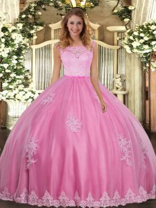 Cheap Rose Pink Clasp Handle Scoop Lace and Appliques Sweet 16 Dresses Tulle Sleeveless