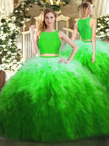 Pretty Multi-color Scoop Zipper Lace and Ruffles Quinceanera Dress Sleeveless