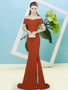 Fine Sweep Train Mermaid Prom Evening Gown Rust Red Off The Shoulder Sequined Short Sleeves Zipper