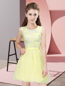 A-line Wedding Guest Dresses Yellow Scoop Tulle Sleeveless Mini Length Side Zipper