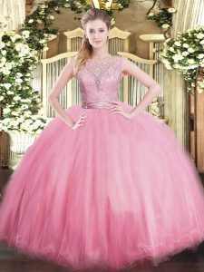 Smart Baby Pink Ball Gowns Lace Quince Ball Gowns Backless Tulle Sleeveless Floor Length