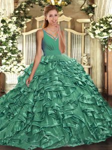 With Train Turquoise Ball Gown Prom Dress Organza Sweep Train Sleeveless Ruffles