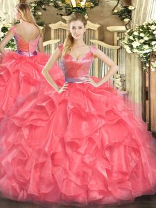 Captivating Tulle V-neck Sleeveless Zipper Beading and Ruffles Sweet 16 Dress in Coral Red