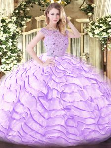 Zipper 15th Birthday Dress Lavender for Military Ball and Sweet 16 and Quinceanera with Beading and Ruffled Layers Sweep